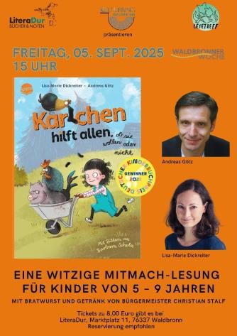 Kinderprogramm in der Waldbronner Woche Eine witzige Mitmach-Lesung für Kinder von 5 – 9 Jahren - mit Grillwurst und Getränk vom Bürgermeister