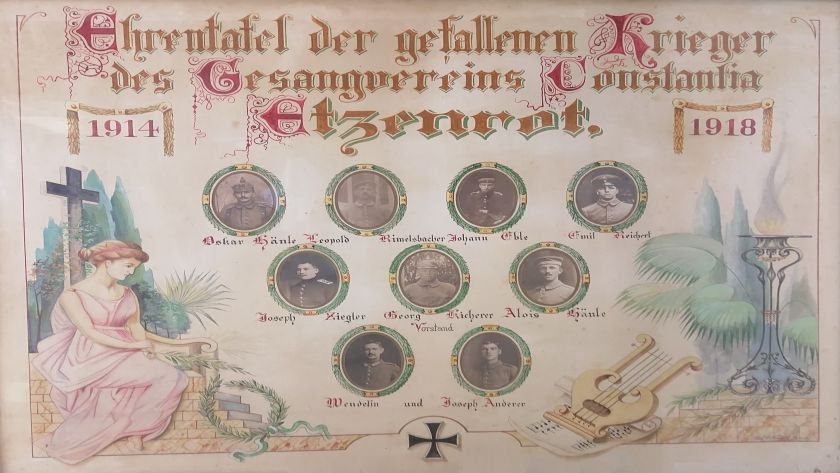 Ehrentafel für die Gefallenen des Gesangsvereins Constantia Etzenrot, um 1920